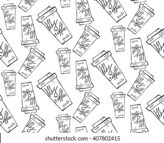 Take out or takeaway coffee seamless  pattern. Drink and latte, cappuccino beverage, refreshment breakfast, espresso and caffeine, container cardboard, vector illustration.Black and white.
