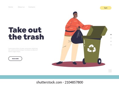 Take out trash concept of landing page with man throwing away waste from home. Young male cleaning house busy with housekeeping chores. Household activities. Cartoon flat vector illustration