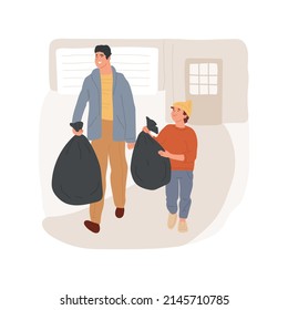 Take out the trash isolated cartoon vector illustration. Father and kid carrying trash bags, daily routine, family takes out the rubbish, doing housework together, cleaning home vector cartoon.