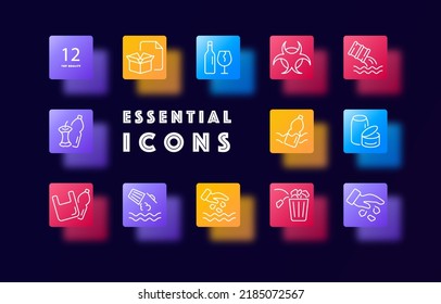 Take out trash set icon. Throw away, box, papers, bottle, broken glass, chemical waste, tin can, plastic bag, water pollution, bin, rubbish. Recycling concept. Glassmorphism style. Vector line icon.