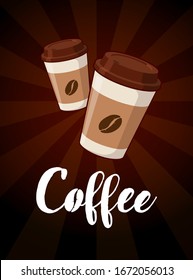 Take out two paper coffee cups with hand drawn lettering for cafe drink and beverage menu poster design. Vector Illustration