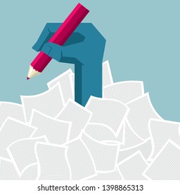 Take a pencil and break through the pile of documents. Isolated on blue background.