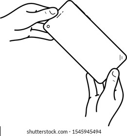 Take a photo by mobile phone. Vector outline icon.