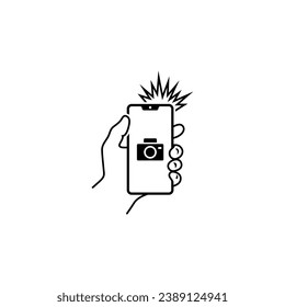 Take a photo with camera, hand holding smartphone, vector icon on white background.