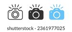 Take photo icon. Camera signs. Photography flash symbol. Phone picture symbols. Photocamera icons. Black, blue color. Vector isolated sign.