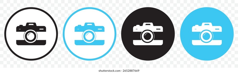 Tirar ícone de foto. Sinais de câmera. Símbolo de flash fotográfico. Símbolos de imagem do telefone. Ícones da câmera fotográfica. Cor preta e azul. Sinal isolado de vetor em Plano de Fundo Transparente. EPS 10.
