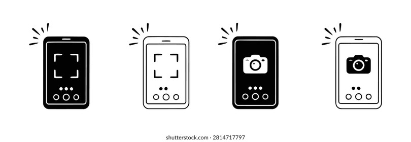 Take Photo Icon Set, camera sign with photography flash symbol, phone picture symbol, photocamera interface graphic, black color vector sign for mobile application