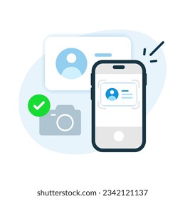 toma la foto de la tarjeta de identificación con la ilustración de concepto de cámara de smartphone vector de diseño plano eps10. elemento gráfico moderno para aterrizar ui, infografía, icono