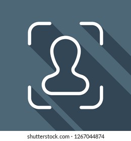 Take a photo, man in autofocus, outline linear icon. White flat icon with long shadow on blue background
