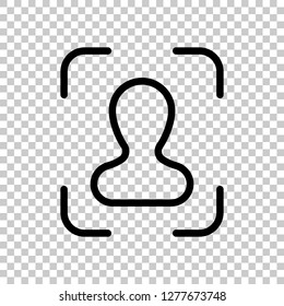 Take a photo, man in autofocus, outline linear icon. Black symbol on transparent background