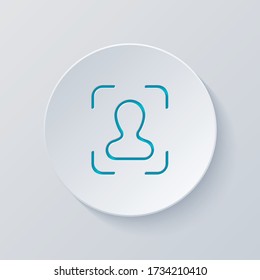 Take a photo, man in autofocus, outline linear icon. Cut circle with gray and blue layers. Paper style