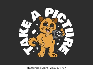 Take a picture. Standing orange cat character holding a camera illustration design