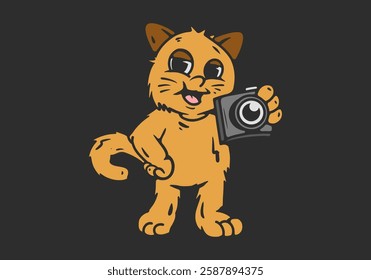 Take a picture. Standing orange cat character holding a camera illustration design