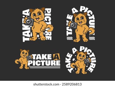 Take a picture. Standing orange cat character holding a camera illustration design dark backgrounds