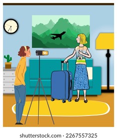 take pictures pretending to travel because the price is too expensive. tours are booked. Cheap tour. available tours.vector illutrator. illutration of couper taking picture tourist. tourist couple