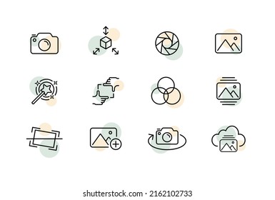 Nehmen Sie das Icon für Bilder. Kamera, Würfel, Pfeile, 3D, Blickwinkel, Blende, Foto, Rahmen, Farbschema, 360, Cloud-Speicher. Hobby-Konzept. Vektorsymbol für Business und Werbung.