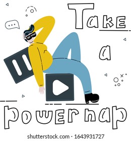 Take a power nap. Girl is laying on coubs and taking a nap. Vector illustration. Girl power motto. Self care poster