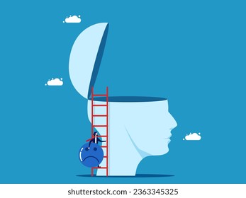 Take the problem on yourself. Businessman holding sad icon climbing a ladder on top of a big head