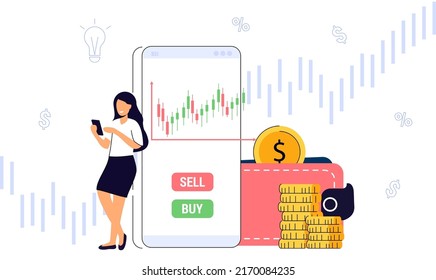 Take profit and graph Signal buy or sell Investor is taking profit form stock chart Mobile foreign exchange trading Increase dividend Online market. Purchase shares concept Flat vector illustration