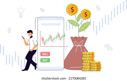 Take profit and graph Signal buy or sell Investor is taking profit form stock chart Mobile foreign exchange trading Increase dividend Online market. Purchase shares concept Flat vector illustration