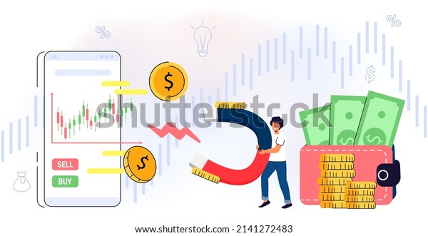 Take profit and graph Signal buy or sell\
Investor is taking profit form stock chart Mobile foreign exchange\
trading Increase dividend Online market Purchase shares concept\
Flat vector illustration