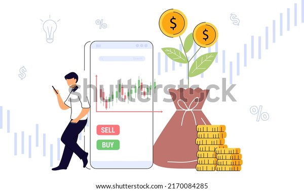 Take profit and graph Signal buy or sell\
Investor is taking profit form stock chart Mobile foreign exchange\
trading Increase dividend Online market. Purchase shares concept\
Flat vector illustration