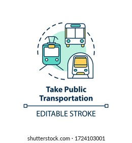 Take Public Transportation Concept Icon. Subway Tram. Street Bus. Urban Trip. City Transit Vehicles Idea Thin Line Illustration. Vector Isolated Outline RGB Color Drawing. Editable Stroke