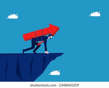 Take risks for advancement. Progressive businessman ready to jump off a high cliff 