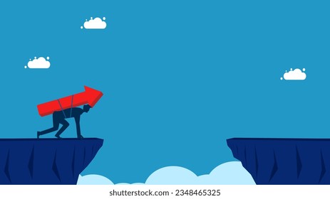 Take risks for advancement. Progressive businessman ready to jump over a high cliff 