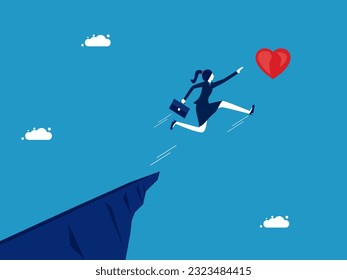 Take risks to gain popularity. Businesswoman jumping out to grab the heart