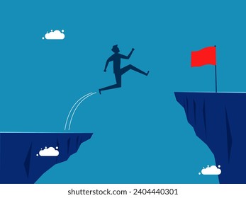 Take risks to overcome challenges. Confident businessman jumps over cliff gap to reach red flag on the other side 