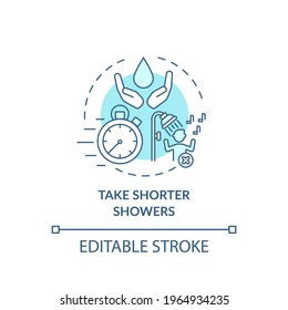 Take shorter showers ideas concept icon. Sustainable tourism ideas. Cut your everyday water usage idea thin line illustration. Vector isolated outline RGB color drawing. Editable stroke