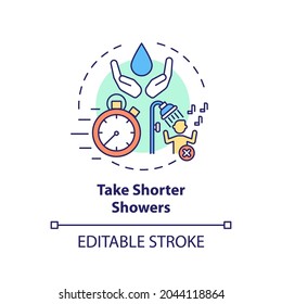 Take shorter showers ideas concept icon. Sustainable tourism ideas. Cut your daily water usage idea thin line illustration. Vector isolated outline RGB color drawing. Editable stroke