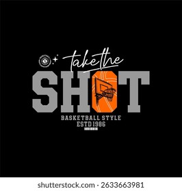 TIRE A FOTO , Gráfico de esporte de basquete para design jovem em impressão de camisa.