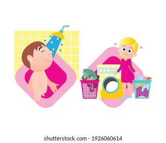 Take a shower after work and separate work clothes to washing for healthy. vector illustration isolated cartoon hand drawn