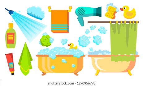Take A Shower, Bath Icons Vector. Accessories Hairdryer, Shampoo, Towel, Foam. Isolated Flat Cartoon Illustration