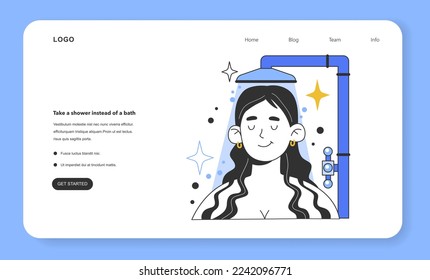 Take a shower instead of a bath for water efficiency at home web banner or landing page. Save money on your water bill and make your house more eco-friendly. Flat vector illustration