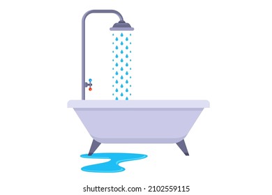 take a shower in a white bath. puddle of water in the bathroom. flat vector illustration.