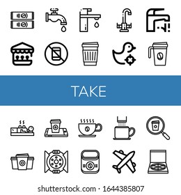 take simple icons set. Contains such icons as Instant coffee, Shooting gallery, Faucet, No pictures, Paper cup, Coffee cup, Cupping, Break, can be used for web, mobile and logo