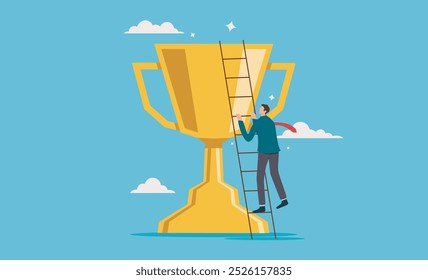 Take small steps to achieve big goal. Man climbing ladder,reaching for golden trophy. Suitable for achievement, success, competition, goals, motivation, aspiration, career advancement concepts
