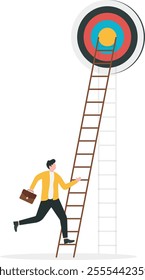 Take small steps to achieve big goal, growing wisely slow and steady to reach target and achieve success, career development concept, confidence businessman take slow small stair steps to reach goal.
