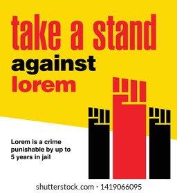 TAKE A STAND Ad Template. People protesting for social cause. Vector illustrations hand raised high.