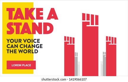 TAKE A STAND Ad Template. People Protesting For Social Cause. Vector Illustrations Hand Raised High.