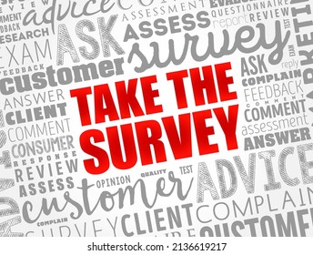 Take the Survey - take part in a questionnaire, to give one's opinion, word cloud concept background