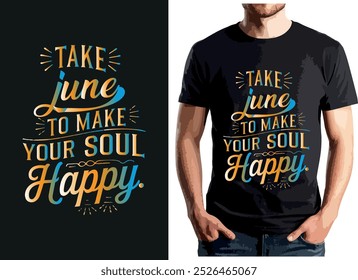 "Take time to make your soul happy" in bold script with decorative bursts, on a dark blue background with red, white, and gold accents.
