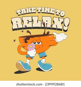 Take time to relax. Funny cartoon character walking coffee mug on a yellow background. It can be used as a print, sticker, poster, cover. Comic elements in trendy retro style of the 50s-60s.Vector