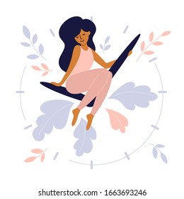 Take Time For Yourself Or Self Care Design Concept. Cute Girl Sits On Clock Hands Of Huge Watch. Happy Mom Enjoy Free Time. Vector Illustration Busy Woman Need Take A Break And Relax. Motherhood Issue