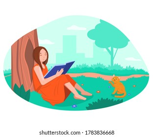 Take time for yourself or self care design concept. A cute girl is sitting in the park with a book. Mind and body. Hobby. Vector illustration of a busy woman need to take a break and relax.

