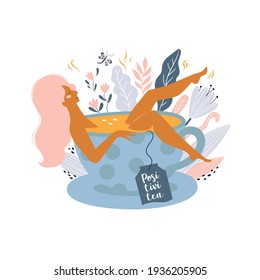 Take time for yourself or self care design concept. Cute girl laying in a cup of tea. Happy mom enjoy free time. Body positive. Positive thinking. Ideal for card,print.Flat cartoon vector illustration