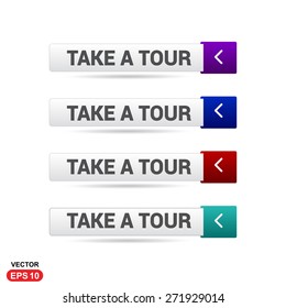 Take a Tour Icon Button. Abstract beautiful text button with icon. Purple Button, Blue Button, Red Button, Green Button, Turquoise button. web design element. Call to action gray icon button